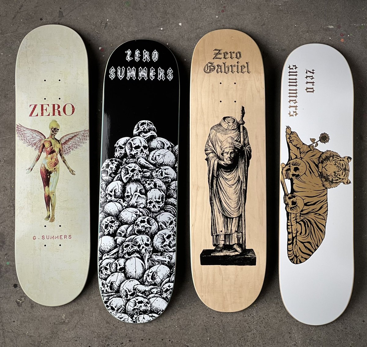 We made a ‘Small Batch’ of some of our favorite Gabbers graphics for his birthday! 🪽☠️🗿🐅p zeroskateboards.com/collections/de…