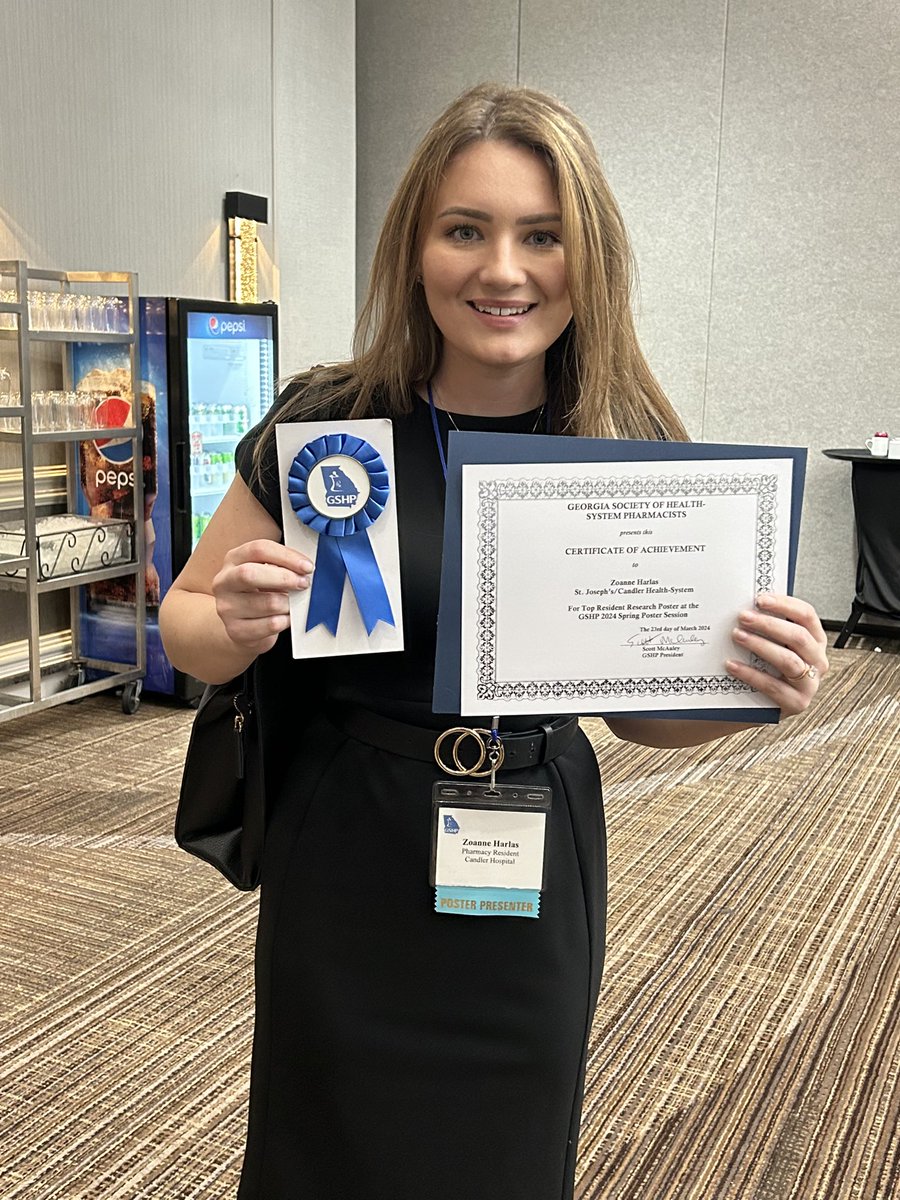 Help us congratulate @chooseSJC @UGAPharmacy PGY2 Crit Care resident Zoe Harlas for winning top resident poster @GSHPofficial research competition! Mentored by @JohnCarRx @SESmithPharmD