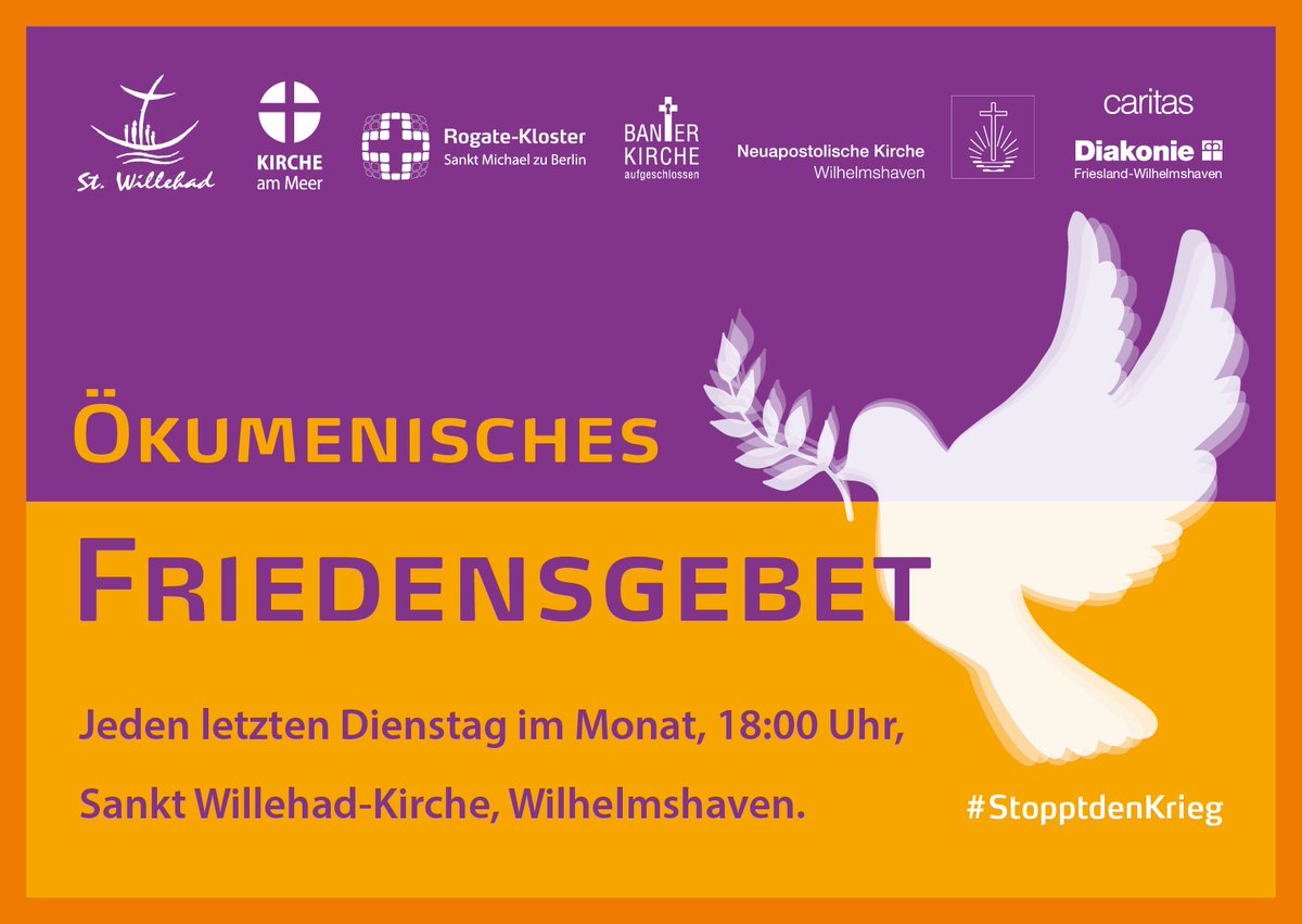 Der Kirchenkreis Friesland-Wilhelmshaven, die Gemeinden der St. Willehad-, der Neuapostolischen und der koptisch-orthodoxen Kirche sowie die Caritas, das Diakonische Werk und das Rogate-Kloster Sankt Michael laden am Dienstag, 26. März 2024, zum ökumenischen #Friedensgebet ein.