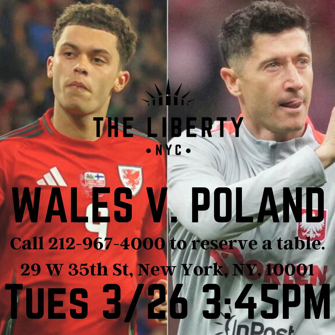 This Tuesday, Wales vs Poland: Euro 2024 play-off final streaming live at The Liberty NYC! Game starts at 3:45PM, happy hour starts at 4:00PM 🍸🍺🍷🦪 #WelshOwned #bar #nyc #restaurant #midtown #happyhour #soccer #football #sports #wings #burgers #fries #newyork #drinks #foodie