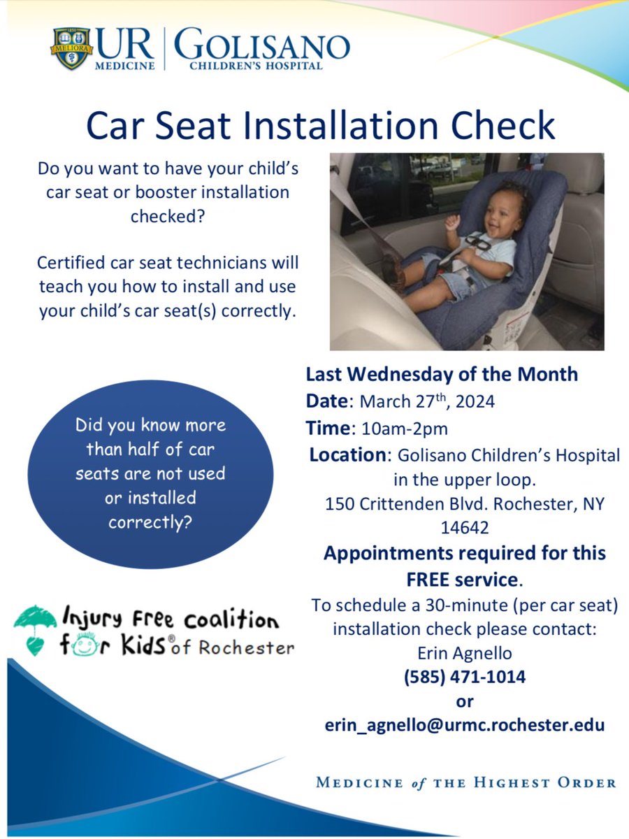 Happening next Wednesday, 3/27! If you want to be sure that your little one’s car seat or booster is properly installed, call or email for an appointment. There are still slots available! #SafetyFirst #injuryfree