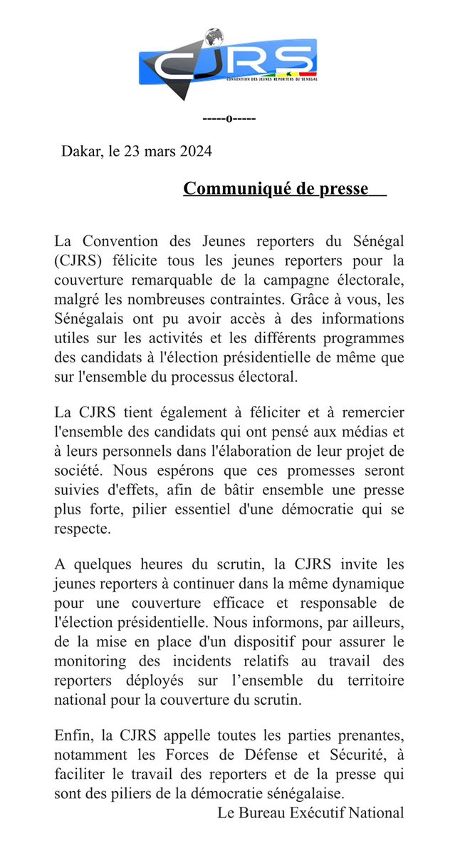 À tous les jeunes reporters sur le terrain pour couvrir la présidentielle, la CJRS vous souhaite une couverture médiatique éclairée et équilibrée. Notre travail est essentiel pour informer le public et maintenir la transparence démocratique. 🎤📰 #SenegalVote