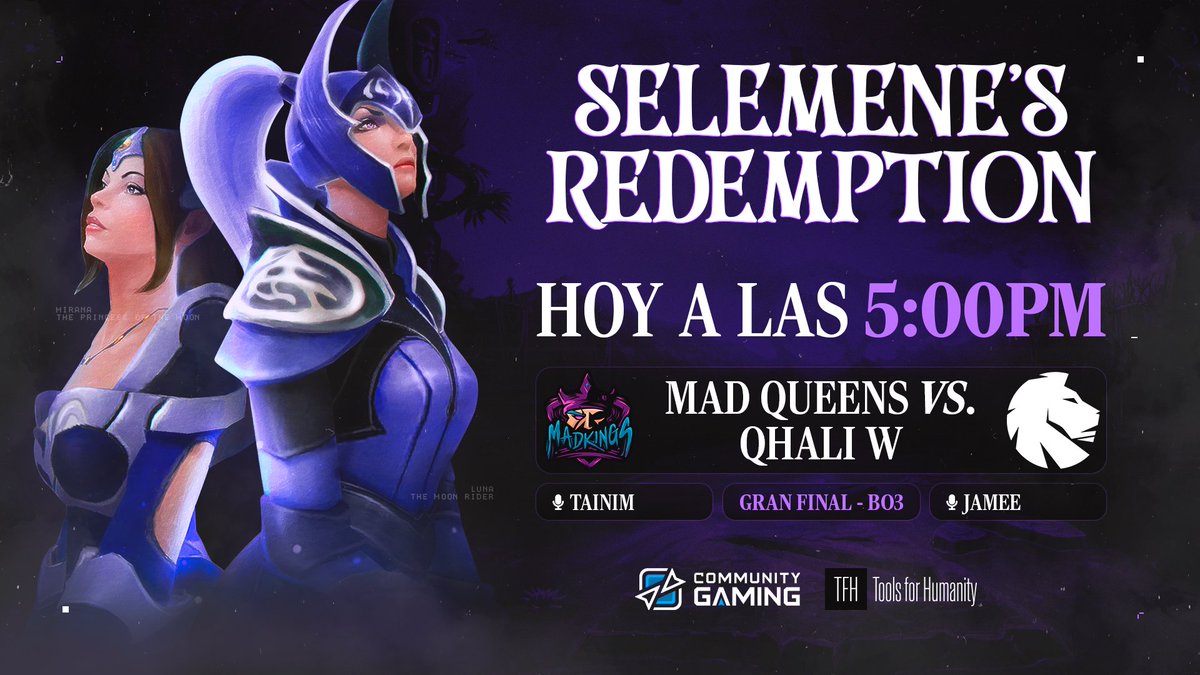 En una horita arrancamos!

Hoy se viene la GRAN FINAL Bo3 de #DOTA2 con el torneo de Selemene's Redemption!

🔜<a href="/madkingsesports/">Mad Kings Esports</a>🆚<a href="/Qhali_gg/">Qhali</a> 

⏰17hs (🇵🇪) Con los casteos de:
🎙️<a href="/TainimLaFuria/">Tainim</a> 
🎙️<a href="/JameeMayori/">Jamee 💕🐽</a>