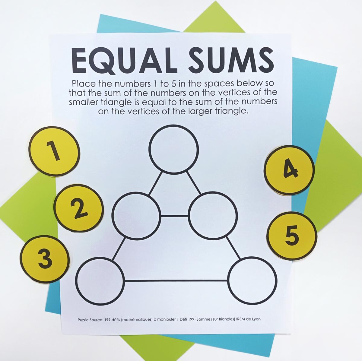 Equal Sums: Place the digits 1 to 5 in the diagram so that the sum of the numbers on the vertices of the smaller triangle is equal to the sum of the numbers on the vertices of the larger triangle. Another puzzle from IREM de Lyon! mathequalslove.net/equal-sums-puz… #mtbos #iteachmath