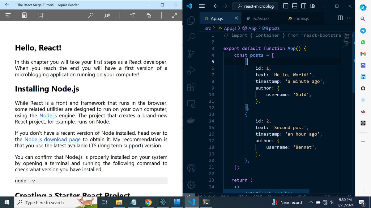 #Day 9 of #100DaysOfALXSE Started learning React following the react-mega tutorial by @miguelgrinberg. The React framework is indeed fascinating. While I am yet to complete this book, I recommend it to anyone who wants to learn React. cuz is so engaging.