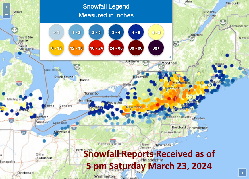 Snowfall reports received as of 5 pm Saturday March 23rd. Highest totals by state so far: VT - Shrewsbury 19.3” NY - Wilton 18” NH - Waterville Valley 17.6” ME - Lovell 13.5” OH - Highland Heights 3.5” MA - Savoy 3” PA - Harbor Creek 2”