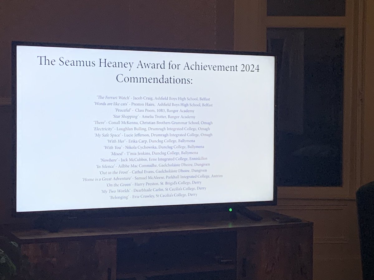 A Saturday at home watching the Community Arts Partnership Poetry in Motion Competiton 2024. I facilitated poetry workshops with Dunclug College in Ballymena, so imagine my joy to see that they won The Seamus Heaney Award for Achievement! Well deserved! What talented poets!