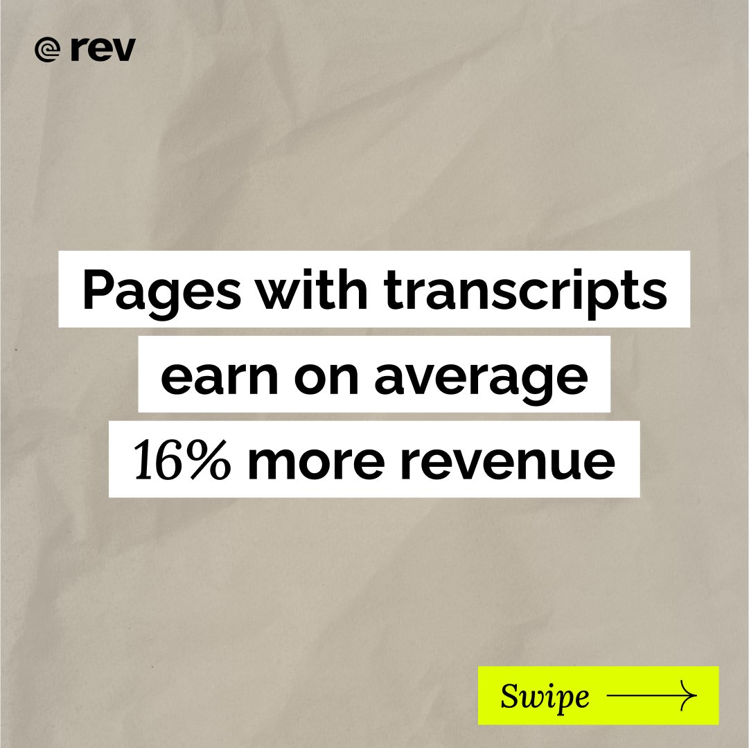 rev's tweet image. You may have heard vague advice that captioning and adding a transcript to your video content can improve SEO, but we’re here to lay out the numbers.
Are you ready to start experiencing the benefits of captioning and transcription?
#VideoSEO #VideoCaptions #VideoTranscripts