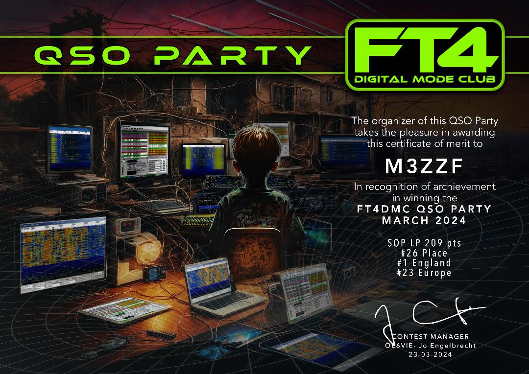 The recent FT4 Digital Modes QSO Party , my certificate looking forward to the next one, thanks to all those stations for the points.
#hamradio #hamr #ft4 #ft4dmc #digitalmodes #hamradiooperator #hamradiocommunity #hamradiostation #certificate #award