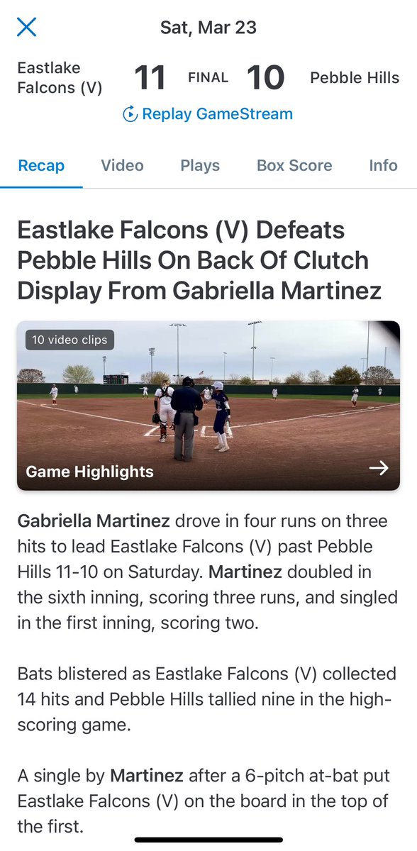 Have a day, G! @Gabriel99517854 Gabriella Martinez C/O 2025 (uncommitted) Eastlake High School 3-4 two singles and a double. 5rbi. .578 BA @EastlakeSoftba1 @EHSFalconSports @Fchavezeptimes