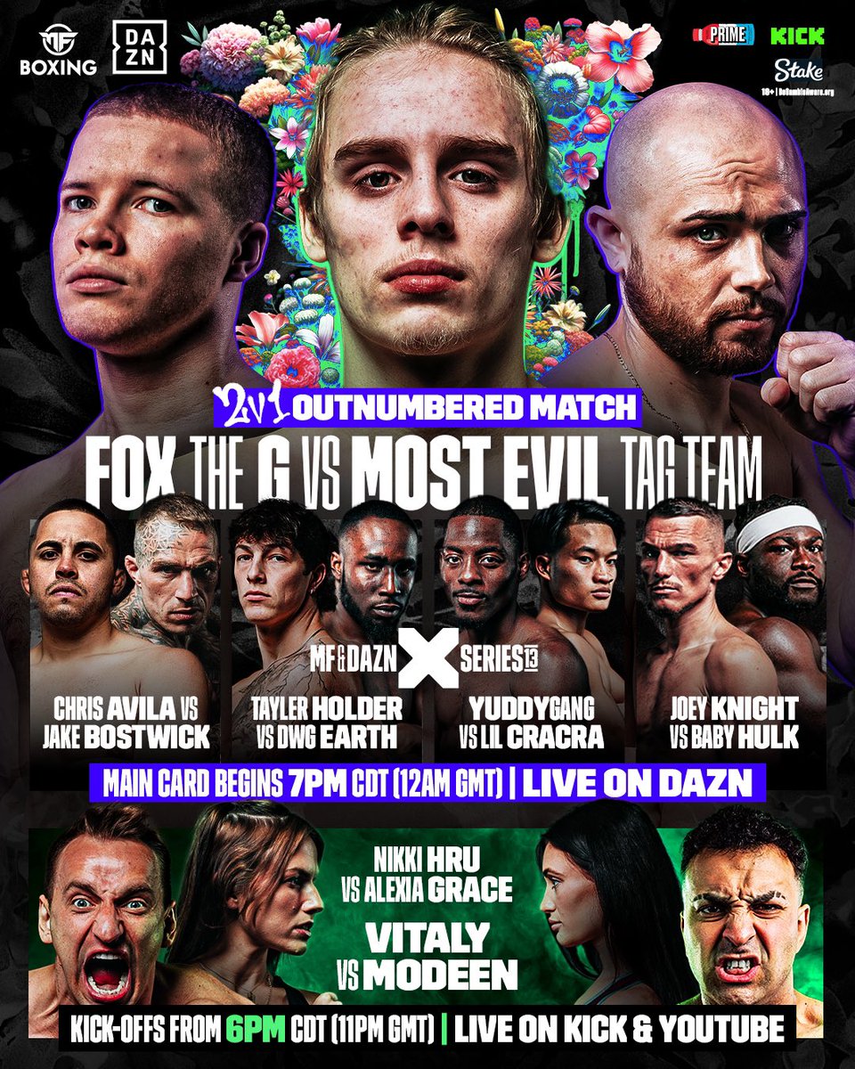 MisfitsBoxing's tweet photo. Tonight’s running order 📝

Catch the Kick-Offs at 6pm (11pm UK) on @kick and the main card from 7pm (12am UK) on @DAZNBoxing 🍿

#MFBOutnumbered | TONIGHT | @MF_DAZNXSeries | @PrimeHydrate https://t.co/fC48qkf3QI