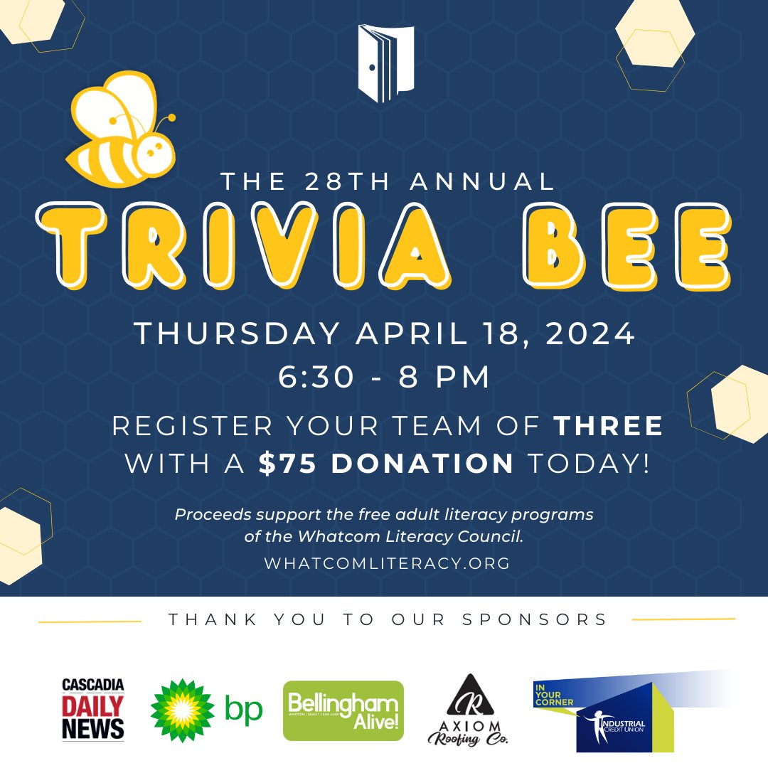 WhatcomLiteracy's tweet image. Have you registered for our annual Trivia Bee yet? 

Register yourself and your team today on our website!