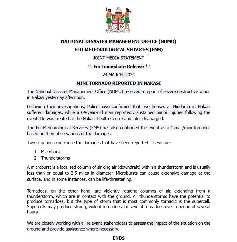 🚨JOINT MEDIA STATEMENT🚨 By: @FijiNDMO & the @FJMETservice ✅ Fiji Met confirms severe destructive winds reported in Nakasi yesterday was a “small/mini tornado” ✅ READ MORE ⬇️