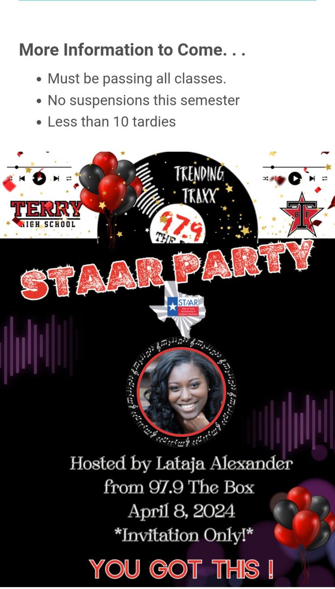 Terry High School is having a STAAR Party on April 8, 2024. Invitation only!