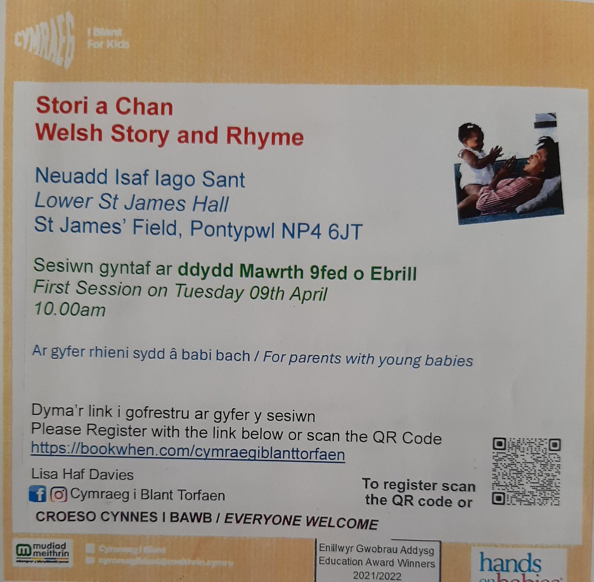 We are looking forward to welcoming Lisa from @Cymraegforkids every Tuesday morning for a Stori a Chan session for parents and young babies. All free and it would be lovely to see alot of people there. The first session is on Tuesday 09 April and you need to register before hand