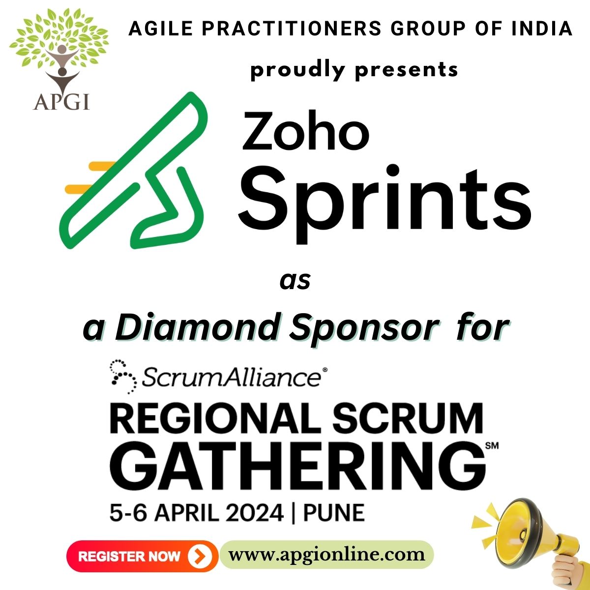 APGI extends a heartfelt gratitude to its Diamond Sponsor ’Zoho Sprints’. 

Register at apgionline.com

#RSGPune2024 #APGI2024 #ZohoSprints