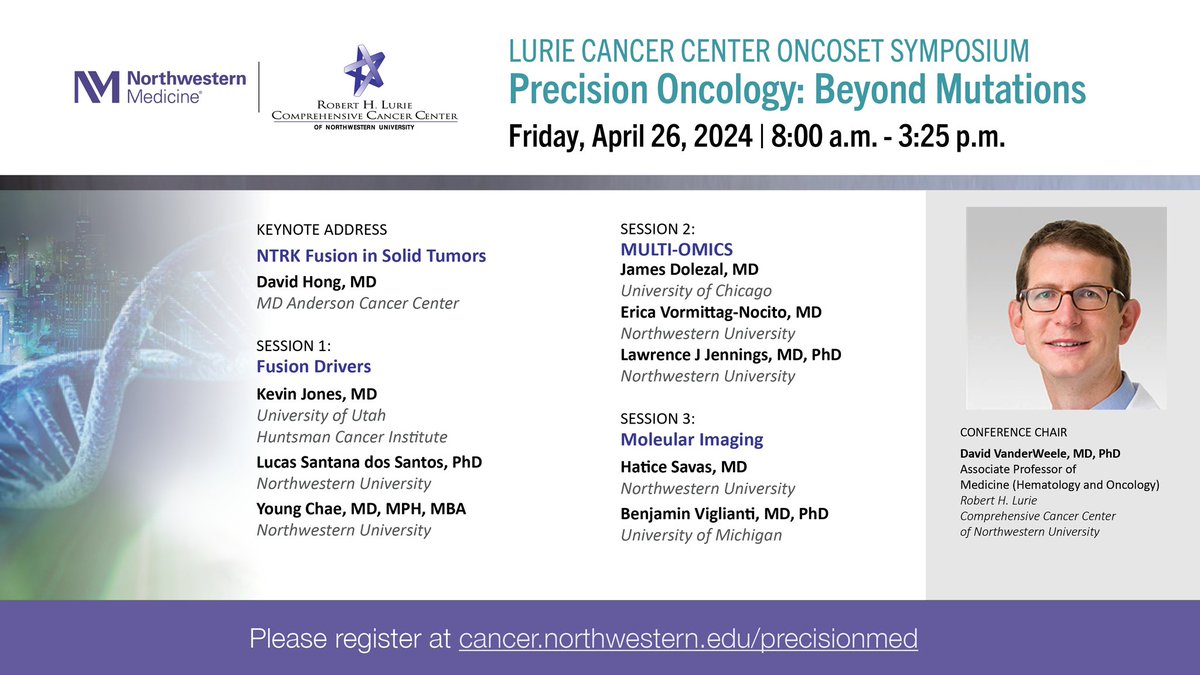 Join us April 26 for the Lurie Cancer Center OncoSET Symposium — Precision Oncology: Beyond Mutations. View the agenda and register now to learn about strategies for translating advances in #precisionmedicine into practice. cancer.northwestern.edu/events/profess… @NorthwesternMed @NUFeinbergMed