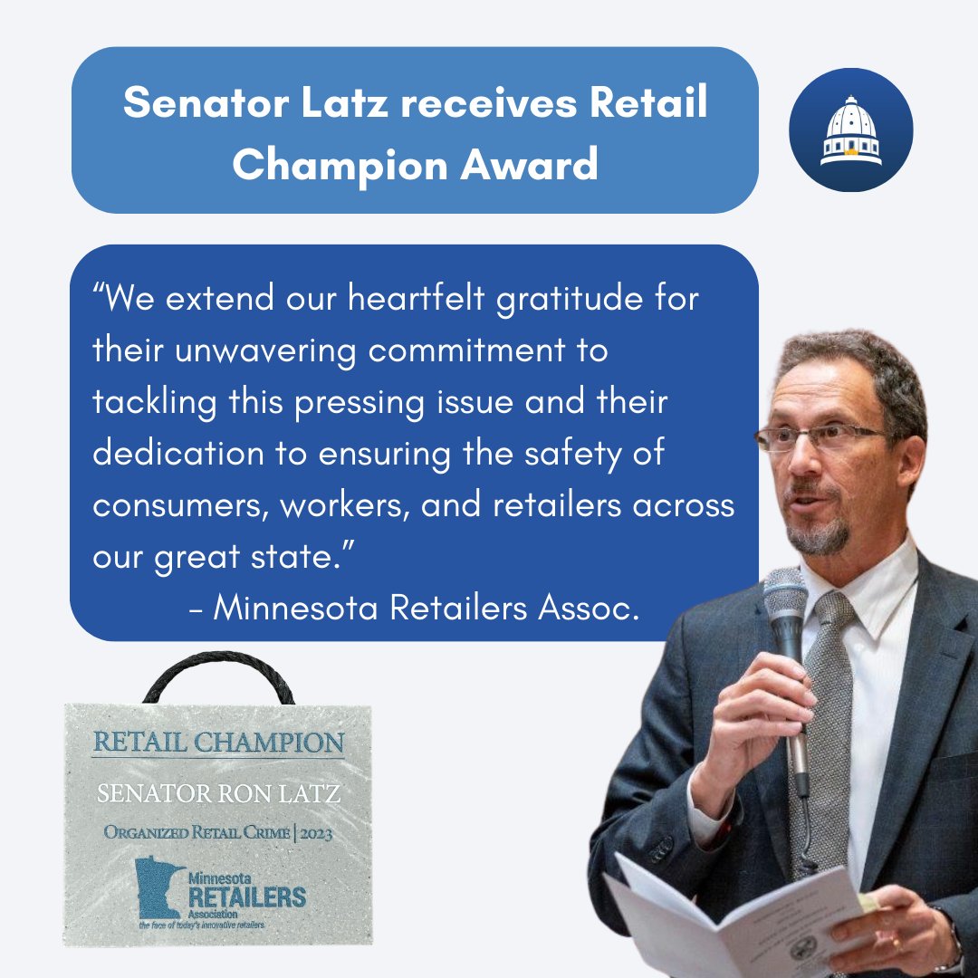 I am honored to have been named a Retail Champion by the Minnesota Retailers Association for my work to prevent organized retail crime.