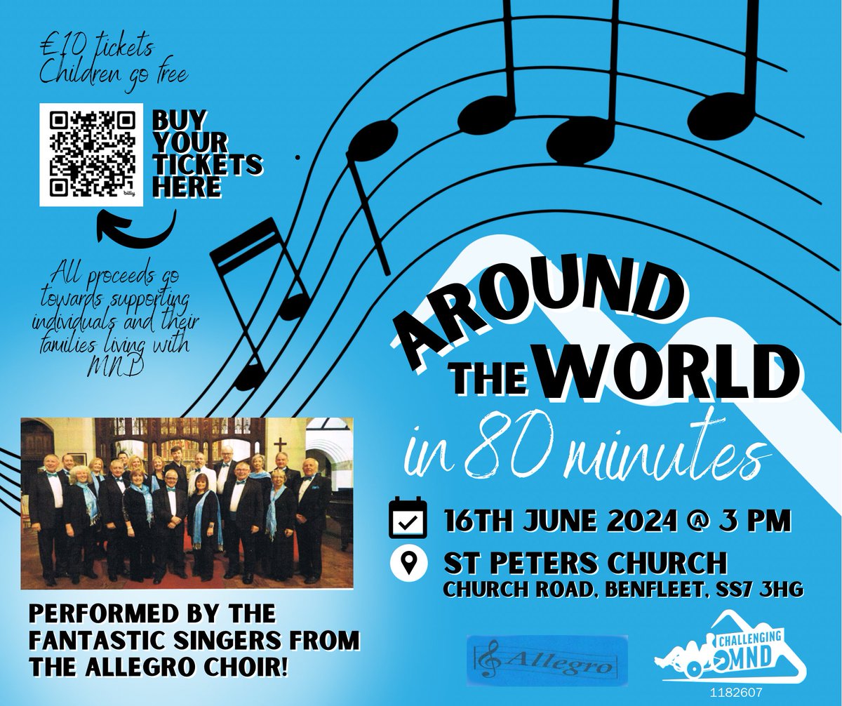 Our #concert is less than 3 months away! The Allegro Choir will be performing ‘Around the World in 80 minutes’ to raise funds for the Charity. To book your tickets, go to ➡️ eventbrite.com/e/allegro-choi… #mnd #choir #music #fundraiser
