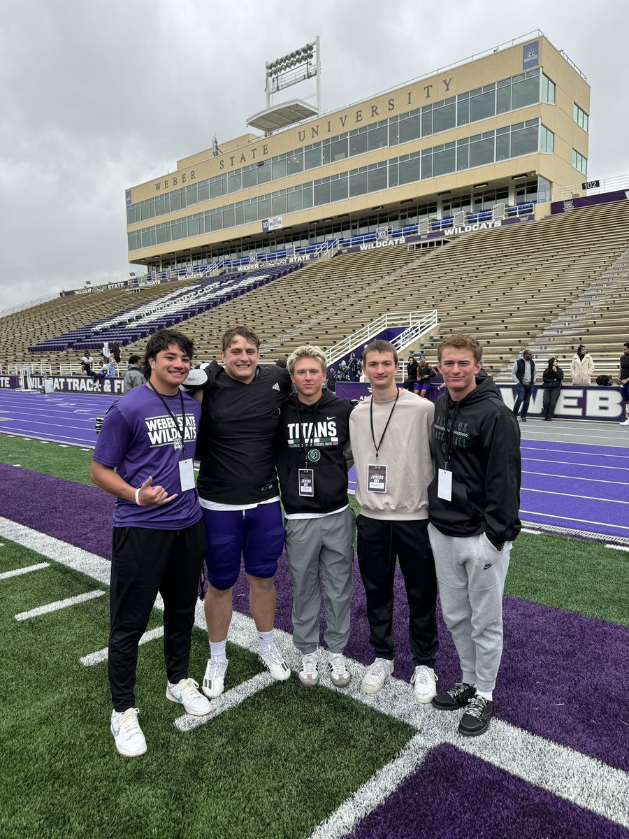 A few of our players attended <a href="/weberstatefb/">Weber State Football 🏈</a> Junior Day today. Great to watch and see a few former Titans <a href="/n_bennee/">Noah Bennee</a> <a href="/MHerron_55/">Matt Herron</a> as well! <a href="/D_Luken_/">Derrick Luken</a> <a href="/skyler_ridley/">Coach Ridley</a> <a href="/txute12/">Joe Dale</a> <a href="/SchlendorfJames/">James Schlendorf</a> <a href="/clloyd88/">Caden Lloyd</a> <a href="/Tmaugs/">Thomas Mauga</a> <a href="/jackthejetevans/">Jack Evans</a>