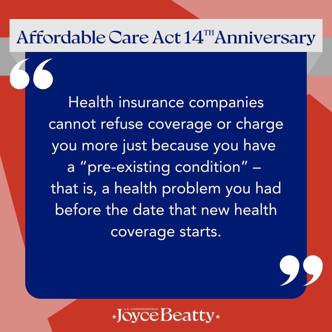 The #AffordableCareAct has made a world of difference for the 1 in 2 Americans with pre-existing conditions. Thanks to the #ACA, no one can be denied from health care coverage just because they have a pre-existing condition. #ACA14