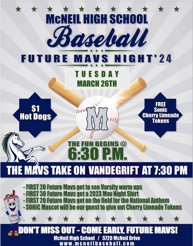 📣 FUTURE MAVS Join us at the field on 3/26 for a great experience. @PearsonRanchMS @ElsaEngPTA @EECounselors @DeerparkMS @cevmsjags @GreatOaksES @forestnorth @LIVEOAKELEM @WellsBranchAIA @JLJohnsonElem @jvejaguars @PondSpringsElem @PurpleSageRRISD @PatsySommerPE @MHSMavs