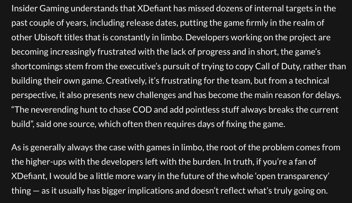 charlieINTEL's tweet image. Insider-Gaming states that XDefiant has been delayed multiple times because the game&apos;s executives keep trying to copy Call of Duty features, which is causing problems in development. 

There is apparently still no release date for the game.