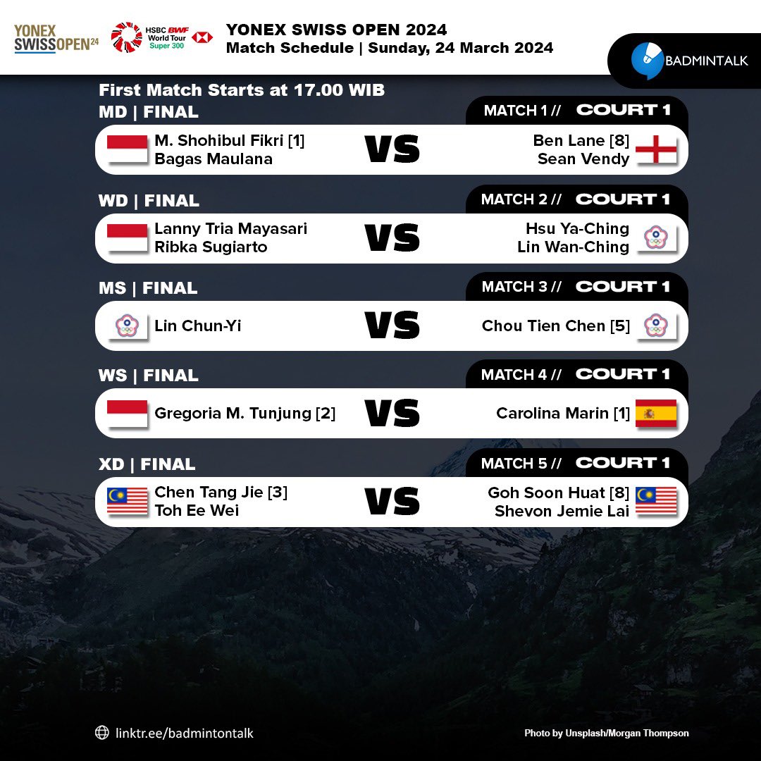 Match Schedule - #SwissOpen2024 (Day 6)

IT'S FINAL DAY!

Sunday, 24 March 2024
First match starts at 17.00 WIB

Your prediction?