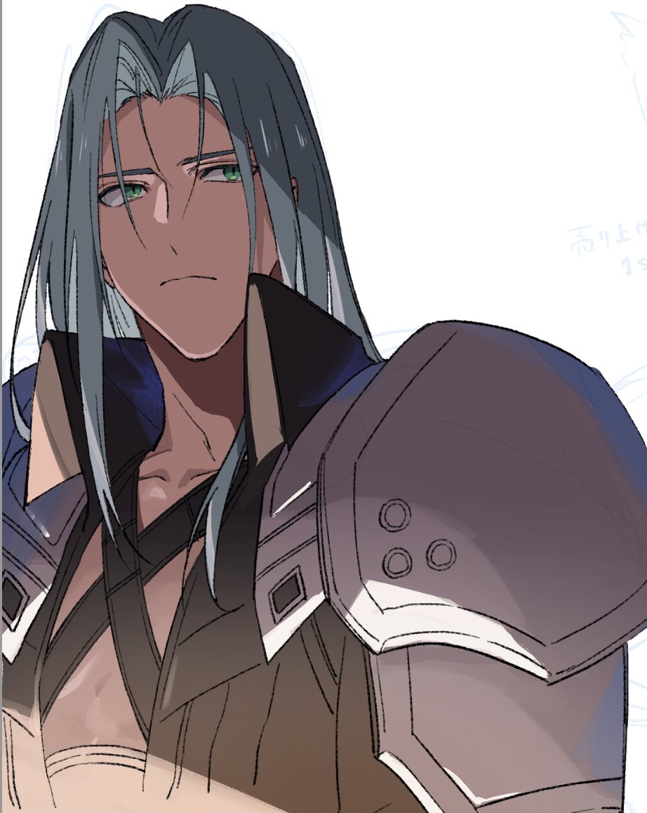 sephiroth solo long hair simple background white background 1boy closed mouth green eyes  illustration images