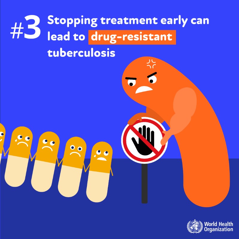 WHO's tweet photo. Yes! #Tuberculosis is curable!

Tuberculosis is treated with antibiotics. To be effective, these medications need to be taken daily for 4–6 months.

⚠️ Stopping treatment early can lead to drug-resistant tuberculosis.

Learn more 👉https://t.co/0jbErIdeIy #WorldTBDay #EndTB