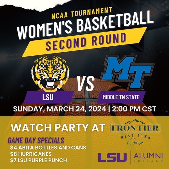 lsuchicago's tweet photo. Second round here we come! Catch the game tomorrow at @frontierchicago at 2pm. Geaux Tigers! 🏀💜💛

#lsu #lsuchicago #lsualumni #lsualumnichicago #chicageaux https://t.co/VcgfIIHOWU