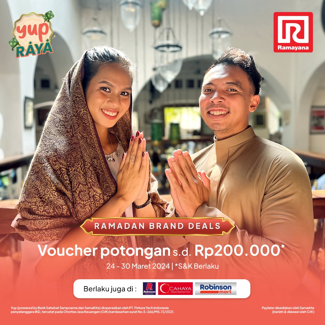 thinkyup_id's tweet image. Lebaran tiba saatnya baru baju! Tampil stylish di Hari Raya dengan gayamu yang baru dari @ramayanads  Pakai Yup, bisa dapat Voucher Potongan s.d Rp200Rb* lohh 😍✨

cek selengkapnya di yupmkt.onelink.me/9NvA/RBrs

#Yup #AggregatorForBetterPaylater #RayakanBersama #YUPRAYA