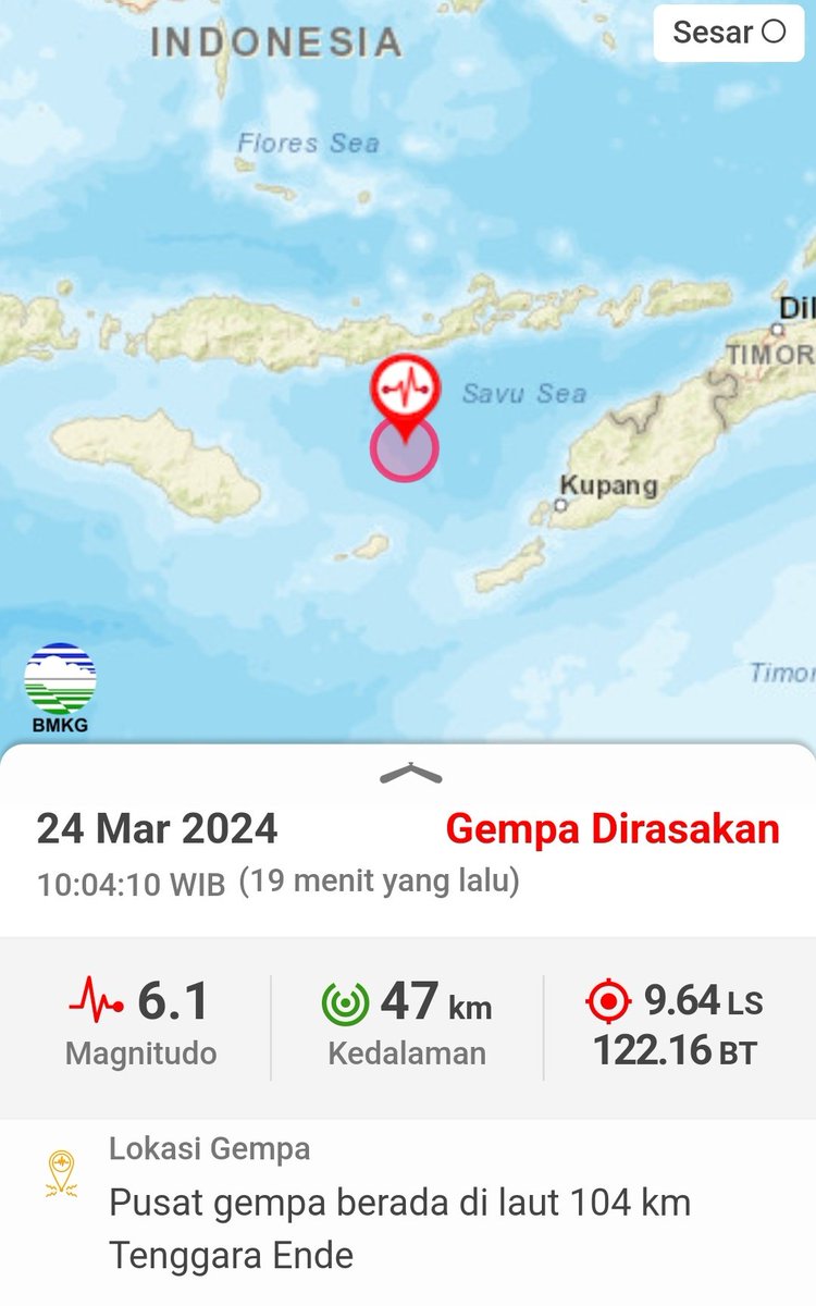 Info Gempa dirasakan Mag:6.1, 24-Mar-24 10:04:10 WIB, Lok:9.64 LS, 122.16 BT (Pusat gempa berada di laut 104 km Tenggara Ende), Kedlmn:47 Km, Dirasakan (MMI): IV Ende, III-IV Larantuka , II-III Sabu, III-IV Waingapu, II Bima ::BMKG inatews.bmkg.go.id