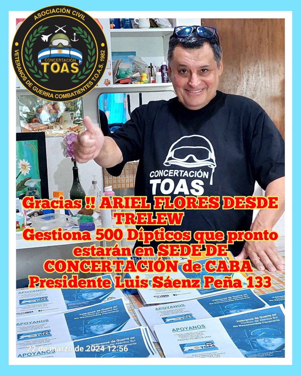 TODO A PULMON , Agradecemos al camarada Toas que colabora con 500 Dípticos que seran destinados a la sede de Concertación TOAS CABA . <a href="/ConcertaTOAS/">ConcertaciónT.O.A.S</a> concertaciontoas.org #NoTodoPasoEnMalvinas #LeyTOASya #Justicia