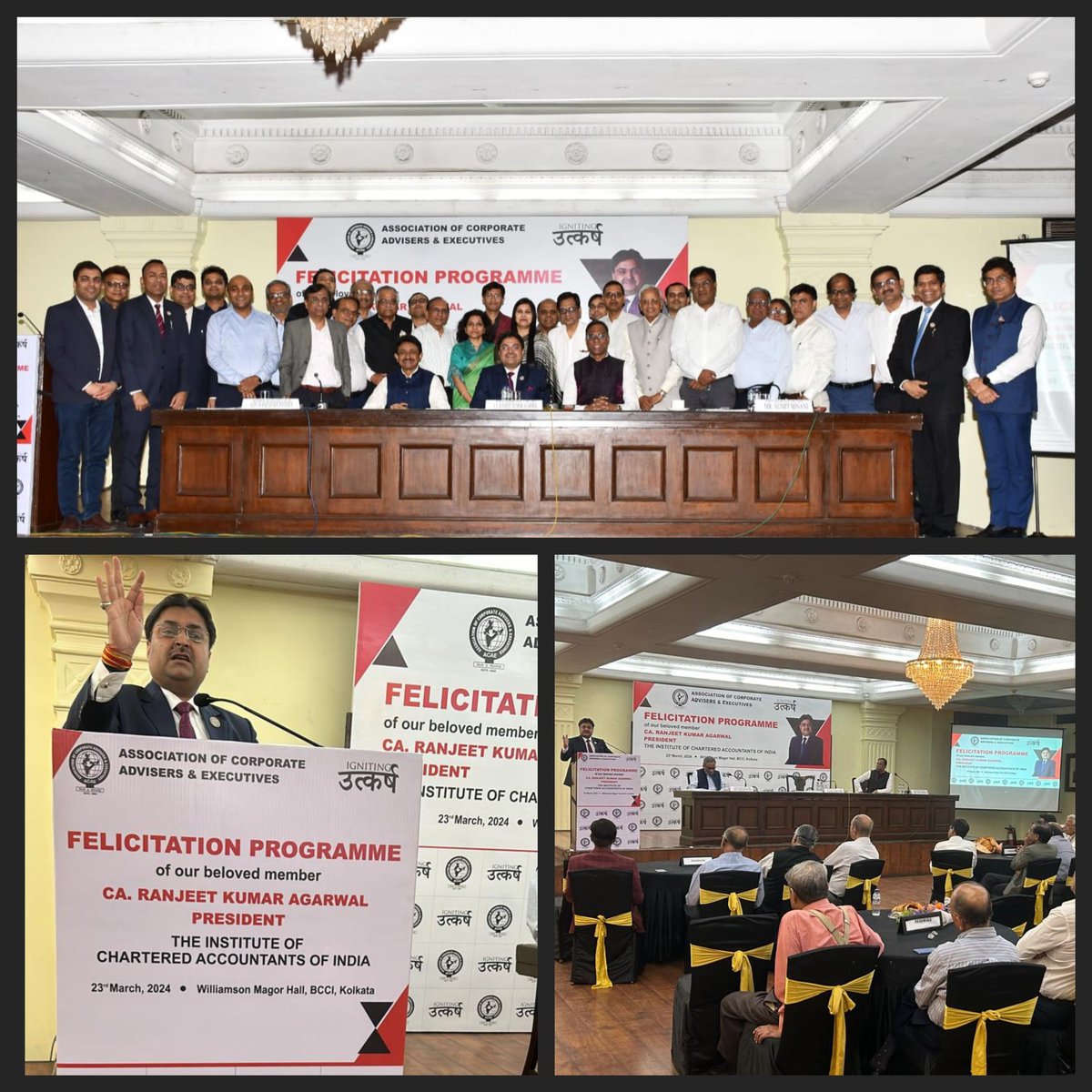 CA. Ranjeet K. Agarwal, President with CA.(Dr.) Debashis Mitra, Past President, CA. Sumit Binani, President-ACAE & ACAE Office Bearers at the Felicitation Program organized by Association of Corporate Advisors & Executives(ACAE) held at Kolkata on 23.03.2024 #ICAIat75 #DRISHTI