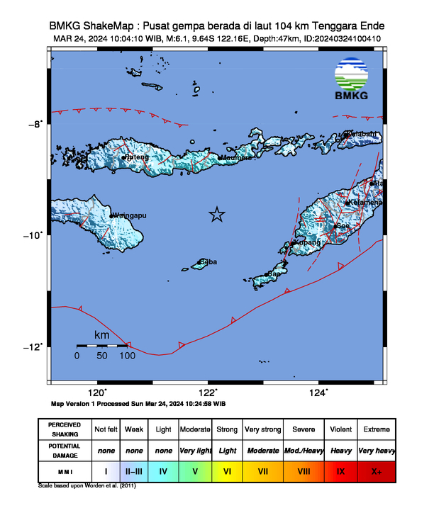 #Gempa (UPDATE) Mag:6.1, 24-Mar-24 10:04:10 WIB, Lok:9.64 LS, 122.16 BT (Pusat gempa berada di laut 104 km Tenggara Ende), Kedlmn:47 Km Dirasakan (MMI) IV Ende, III-IV Larantuka , II-III Sabu, III-IV Waingapu, II Bima, III Bajawa, III Maumere #BMKG