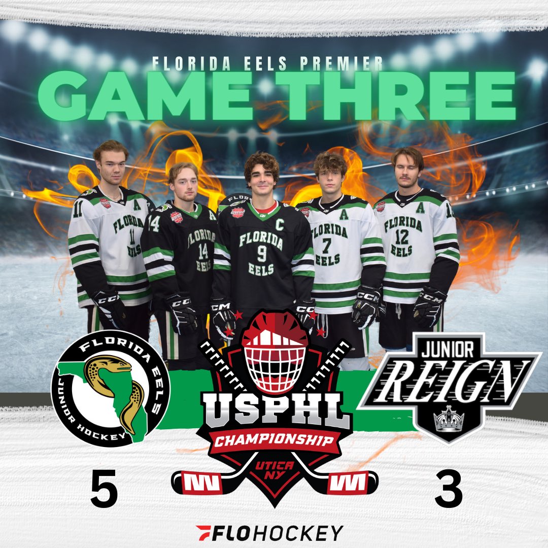 Florida Eels pull off 5-3 WIN against the Jr. Reign! 🏒Jacob “Jack” Godbout 🏒Anthony Zebley 🏒Alex Clingerman 🏒Mark Phillips 🏒 Sebastian Potter 🥅Tresor Wotton Stay tuned for tomorrow’s game time and opponent!