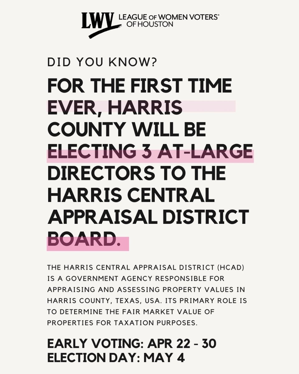 🙋🏽‍♀️ Raise your hand if you were today-years-old when you learned we will be electing at-large directors to HCAD ON May 4th! 💵🏠 #lwvhouston #hcad #propertytax #taxes #localelectionsmatter