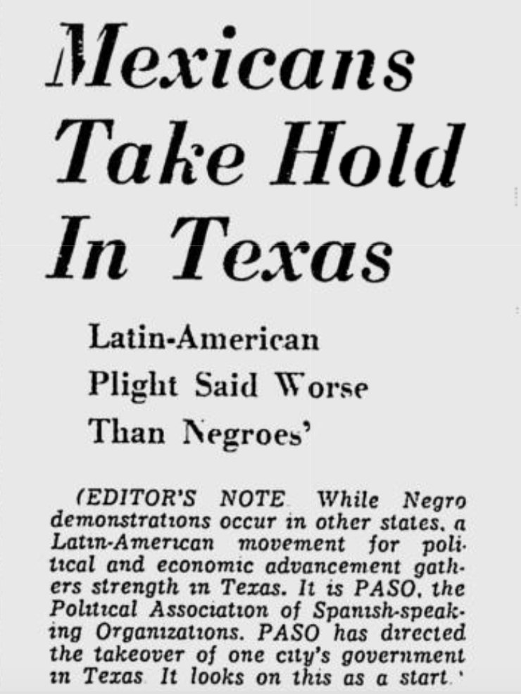 #LatinoHistory

Mexicans watched the success of the Negro civil rights movement in the early 60s and saw it as an opportunity to achieve their goals for 'political and economic advancement'. They were out to prove that their plight was WORSE than Negros. 

books.google.com/books?id=MjA_A…