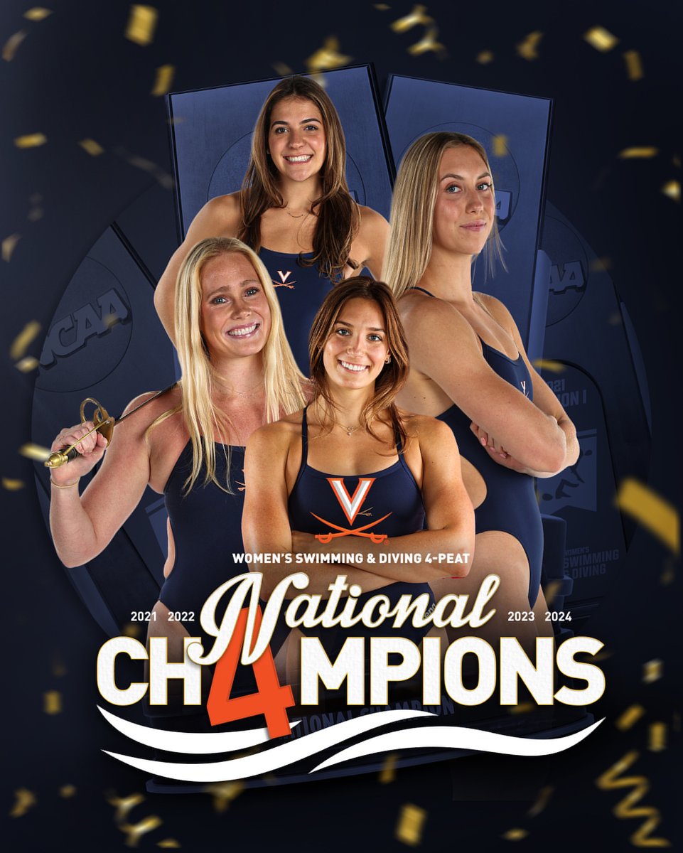 It is OFFICIAL! UVA has won its 4⃣th consecutive NCAA title! 🏆 Only the third program in NCAA women's swim/dive history to do so!