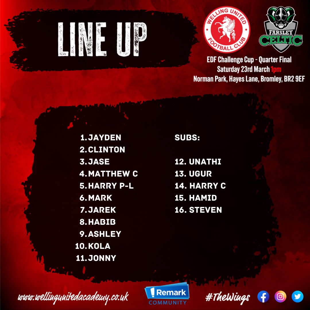 Our line-up from our game earlier on today against a strong side, Farsley Celtics DFC.