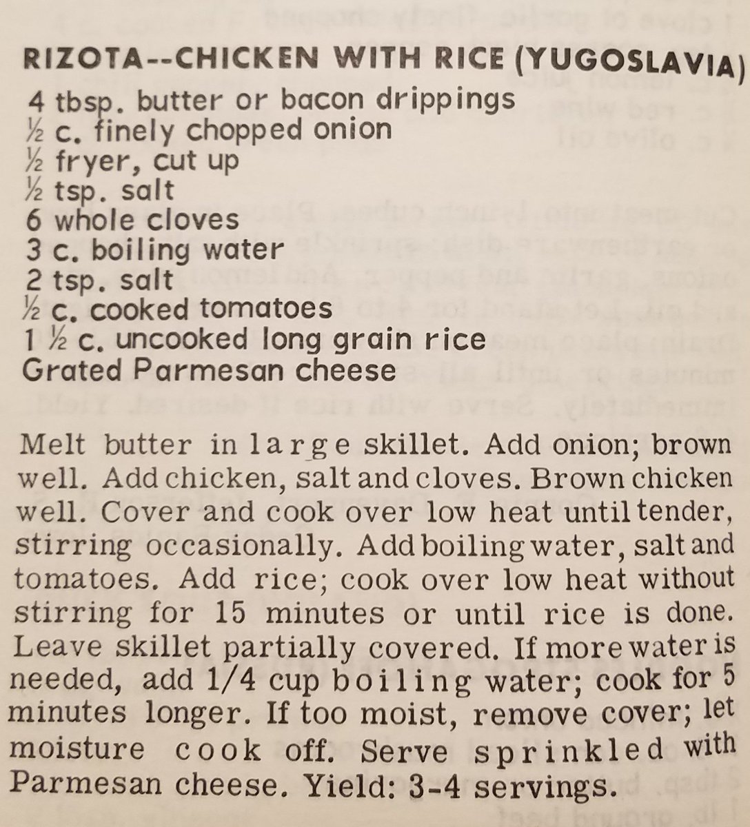 Re2OldFOOD's tweet photo. Chicken With Rice or Rizota -- 1960s
1/2 fryer = 4 chicken pieces
If you don't have or don't like cloves, you can sub 1 teaspoon ground allspice, nutmeg or cinnamon.
#oldrecipe #comfortfood #ChickenWithRice #Rizota #salt
#butter #rice #tomato #onion
#1960srecipe #1960sfood https://t.co/3DoILjGiRP