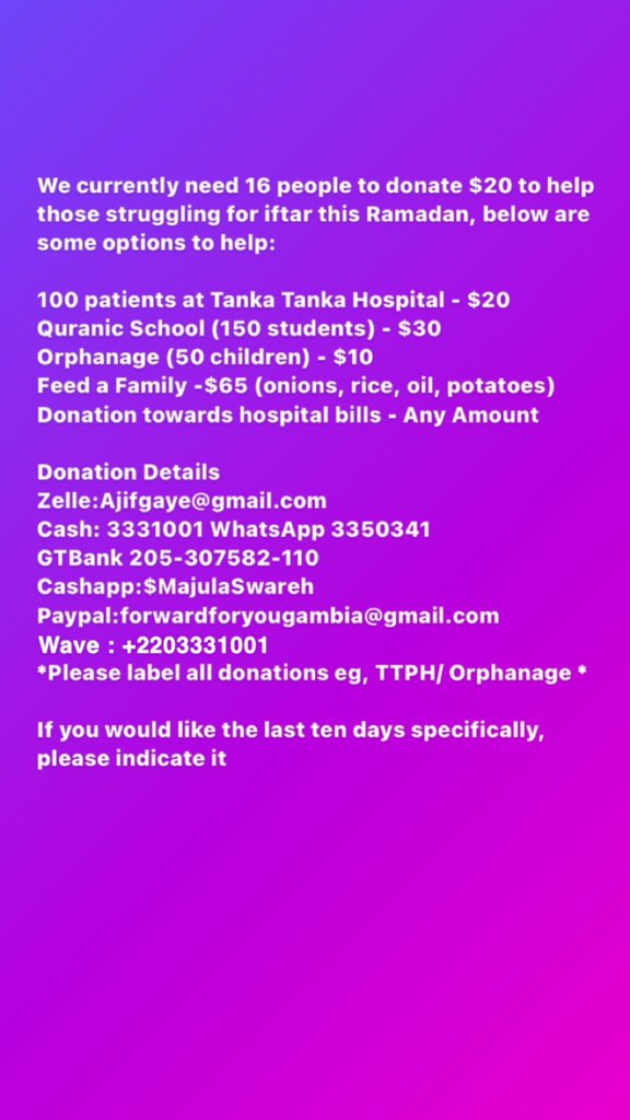 Asalamu’Alaikum Twitter family! We have multiple families, Quranic schools etc that need help for food to eat to break their fasts. With $20/D1000 you’ll be able to provide 100 pieces of bread/ $65 for a family package (rice, oil, onions) Please read details below and share.