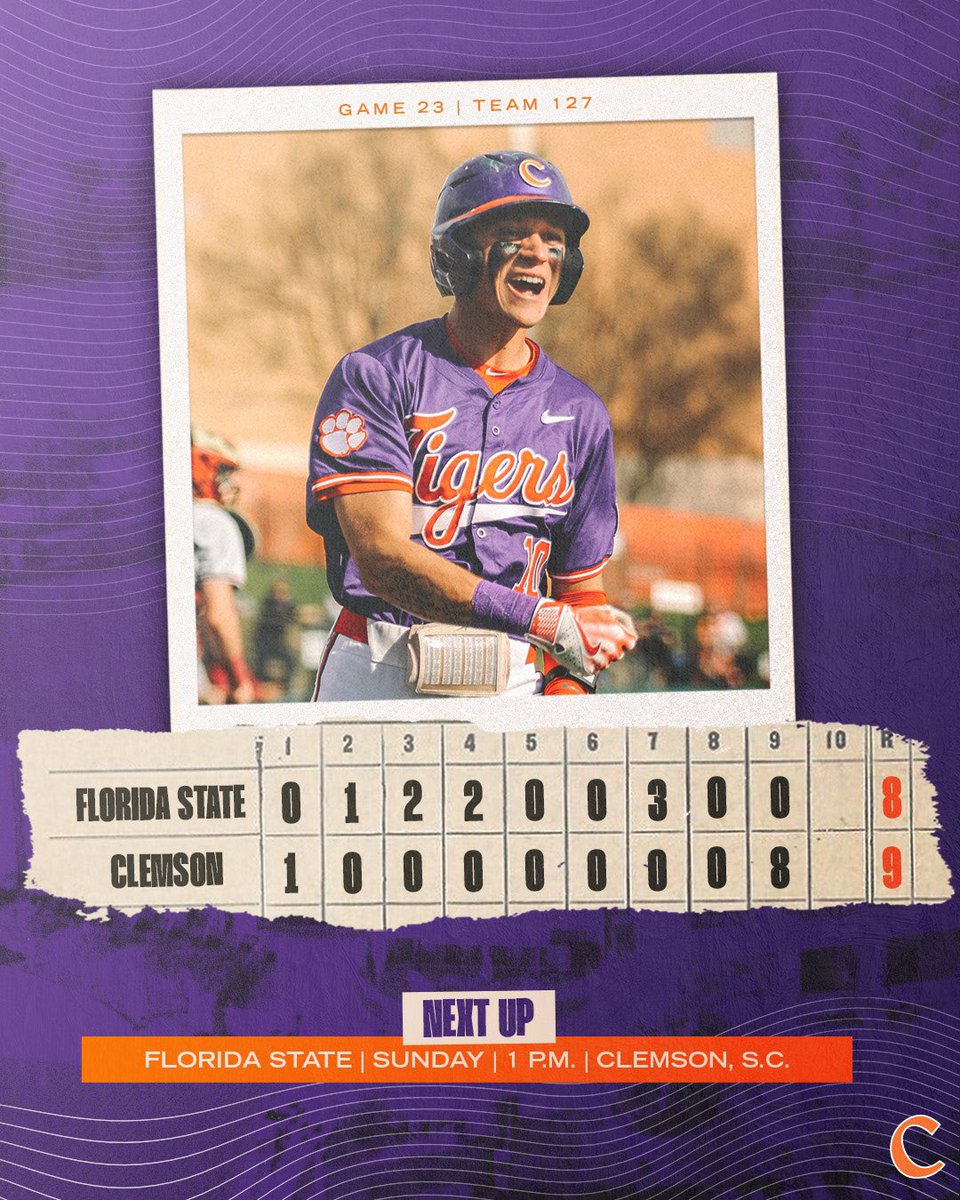 TIGERS WINNNNNNN‼️

#Clemson scores 8️⃣ runs in the ninth inning to defeat No. 7 Florida State and take a 2-0 series lead!🐅