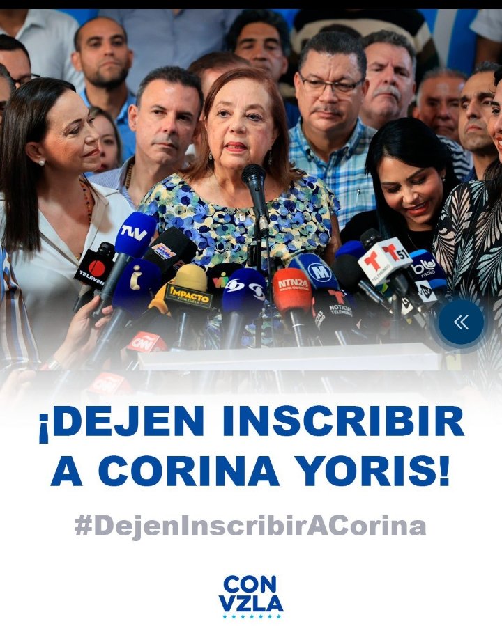 El gobierno en su desesperación se siente derrotado y presiona al CNE para que no inscriba a nuestra candidata Corina Yoris, porque sabe que triunfará y será la próxima Presidente de Venezuela. #DejeninscribirACorina