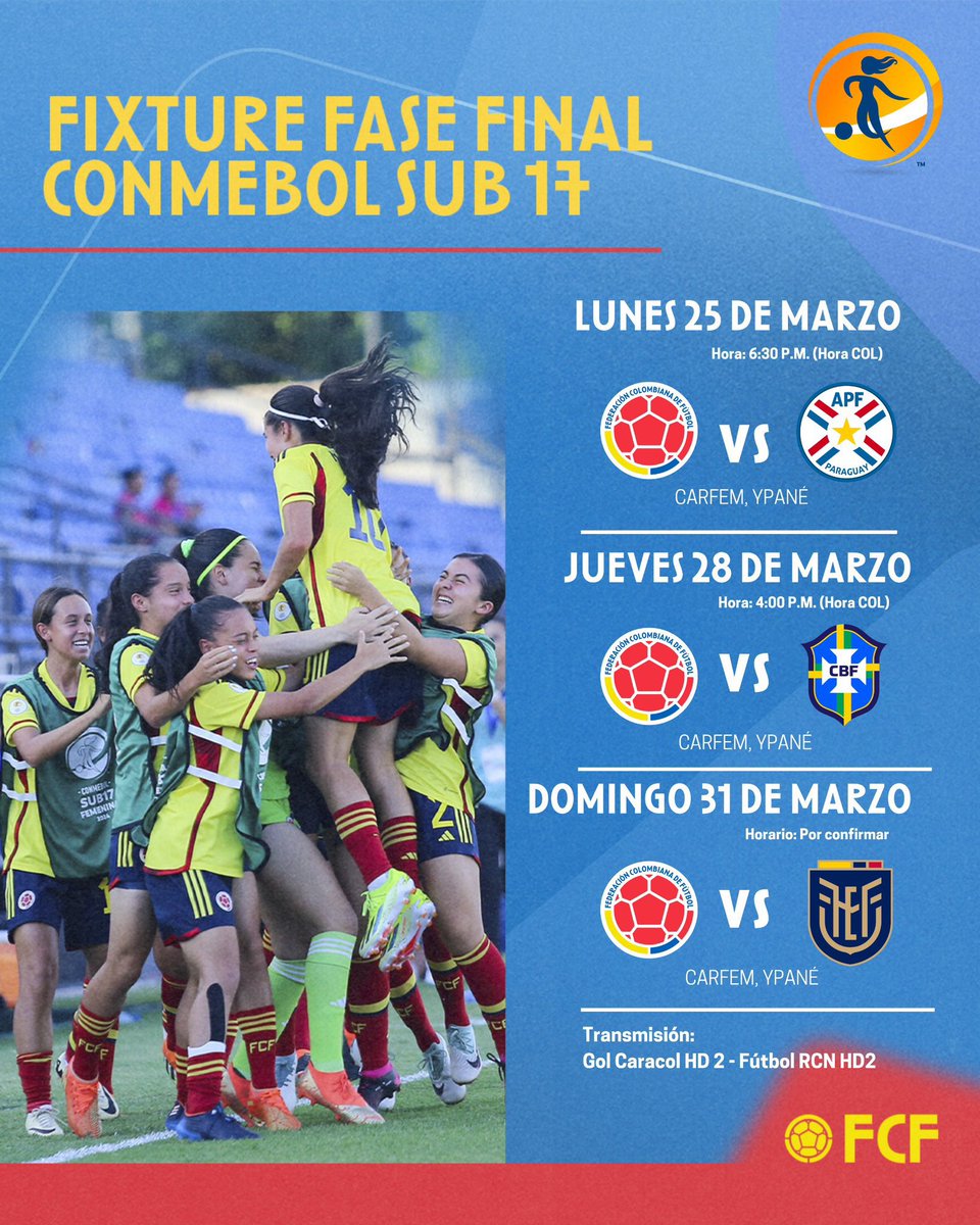 🗓 ¡Fixture y horarios confirmados! Fase Final de la CONMEBOL #Sub17Fem  🇧🇷🇪🇨🇵🇾🇨🇴 

3 selecciones sellarán su tiquete a la Copa Mundial Femenina Sub 17 que se realizará en República Dominicana 🇩🇴
#DestinoDeportivo