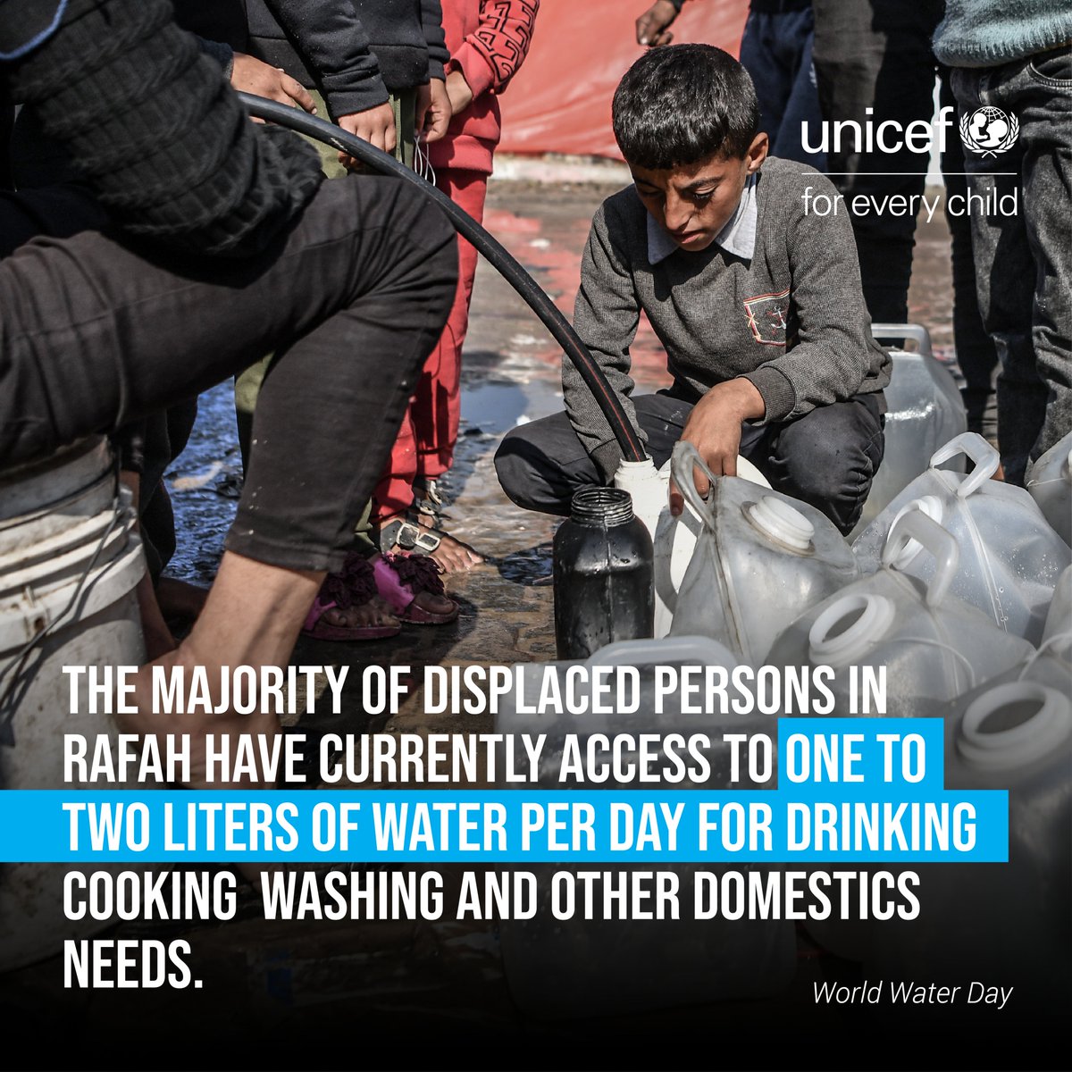 Many children families displaced by the war in the #Gaza_Strip have access to only 1L of #water per person per day, far below the minimum needed. When water is scarce or polluted, or when people struggle for access, tensions rise. #Children need #water. #WorldWaterDay