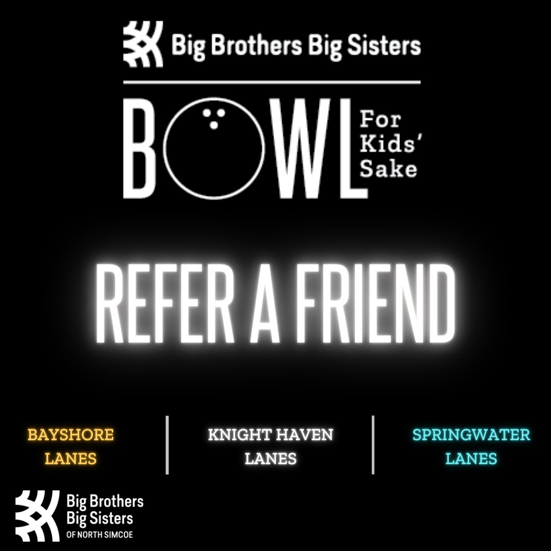 Here is another chance to win a prize!!🎳
.
Refer a friend (or friends!!) for Bowl for Kids Sake. Once you both are registered, you will be entered into a draw for a basket of local goodies!
.
Register your team here: linktr.ee/bbbsns
.
#BBBSNS #NorthSimcoe #BFKS2024