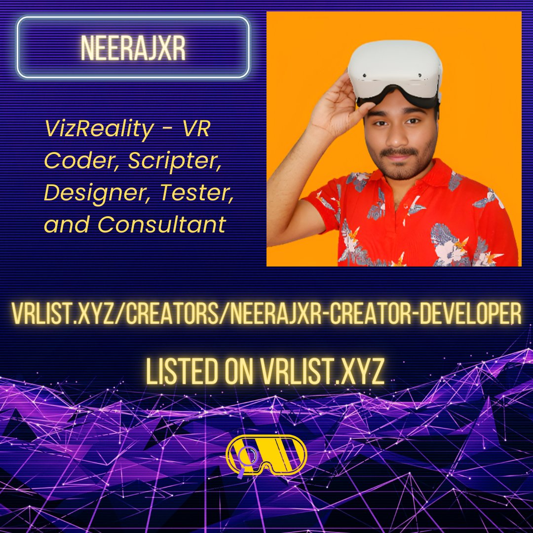 Find @neerajxr and other VR Creators, Entertainers and Instructors on VRList.xyz

#vrlist #vrlistxyz #metaverse #meta #horizonworlds #quest2 #vrheadset #vrservices #metaquestpro #metaquest3 #quest3 #vrcreator #vrbusiness #vrdirectory #vrchat #vrfreelance #web3