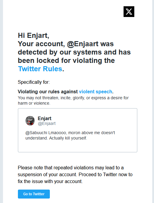 Enjaart's tweet photo. Account got suspended because I told myself to end myself. I love twitter! https://t.co/TqpaI5YdaM